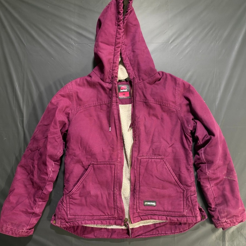 Berne Hooded Work Jacket Purple Sherpa Lined Canvas Coat Size M
